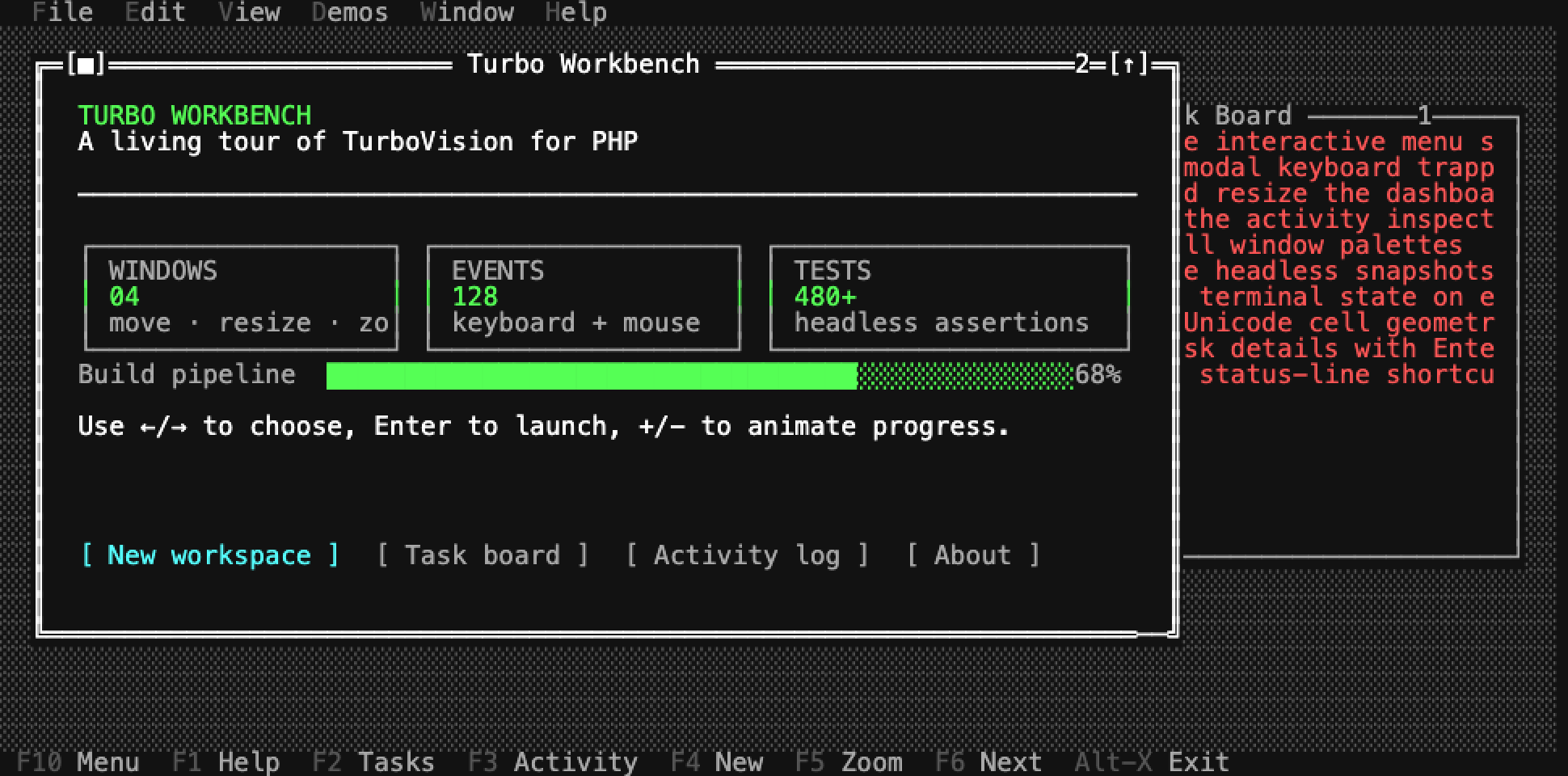 Turbo Workbench running in TurboVision for PHP, with overlapping windows, dashboard controls, and a status line